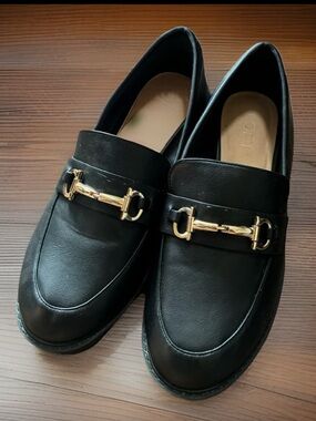 LOFT Women’s Black Leather Loafers with Gold Bit Detail
